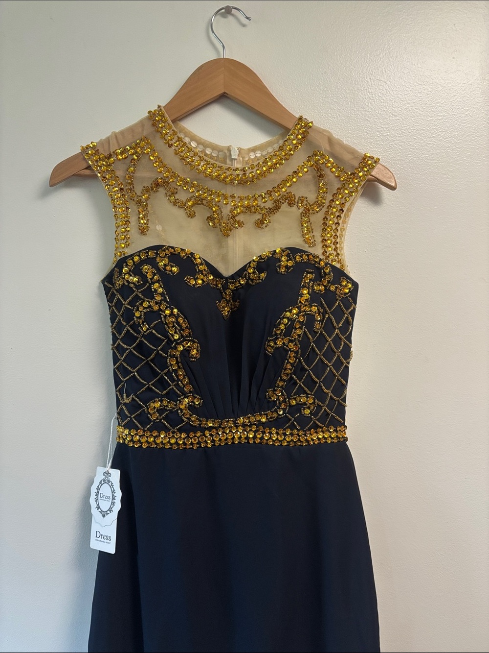 Twirl BEADED Navy and Gold Mesh Evening Dress sz S NWT